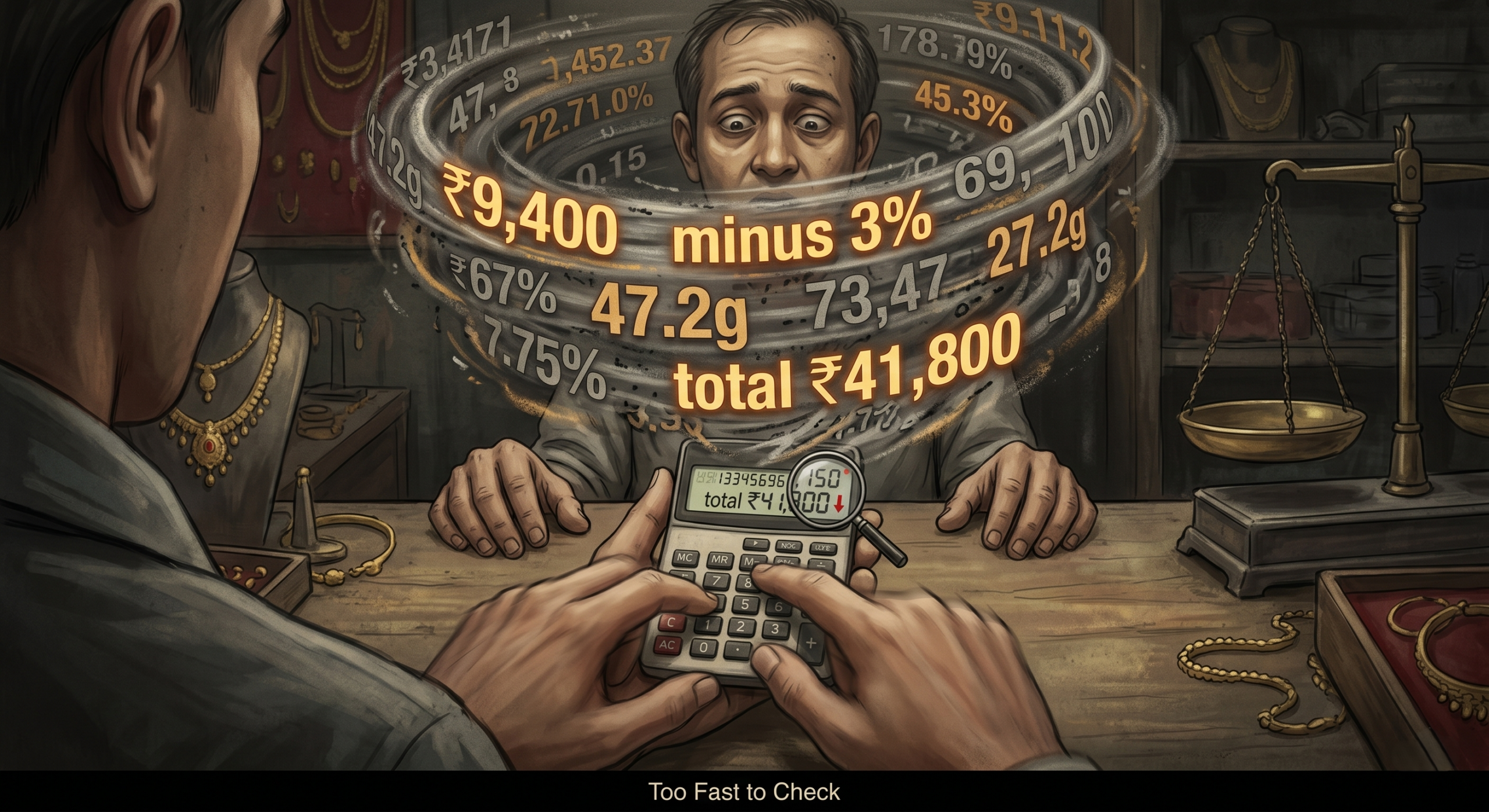 Gold selling scam illustration showing buyer firing rapid calculations too fast for seller to verify