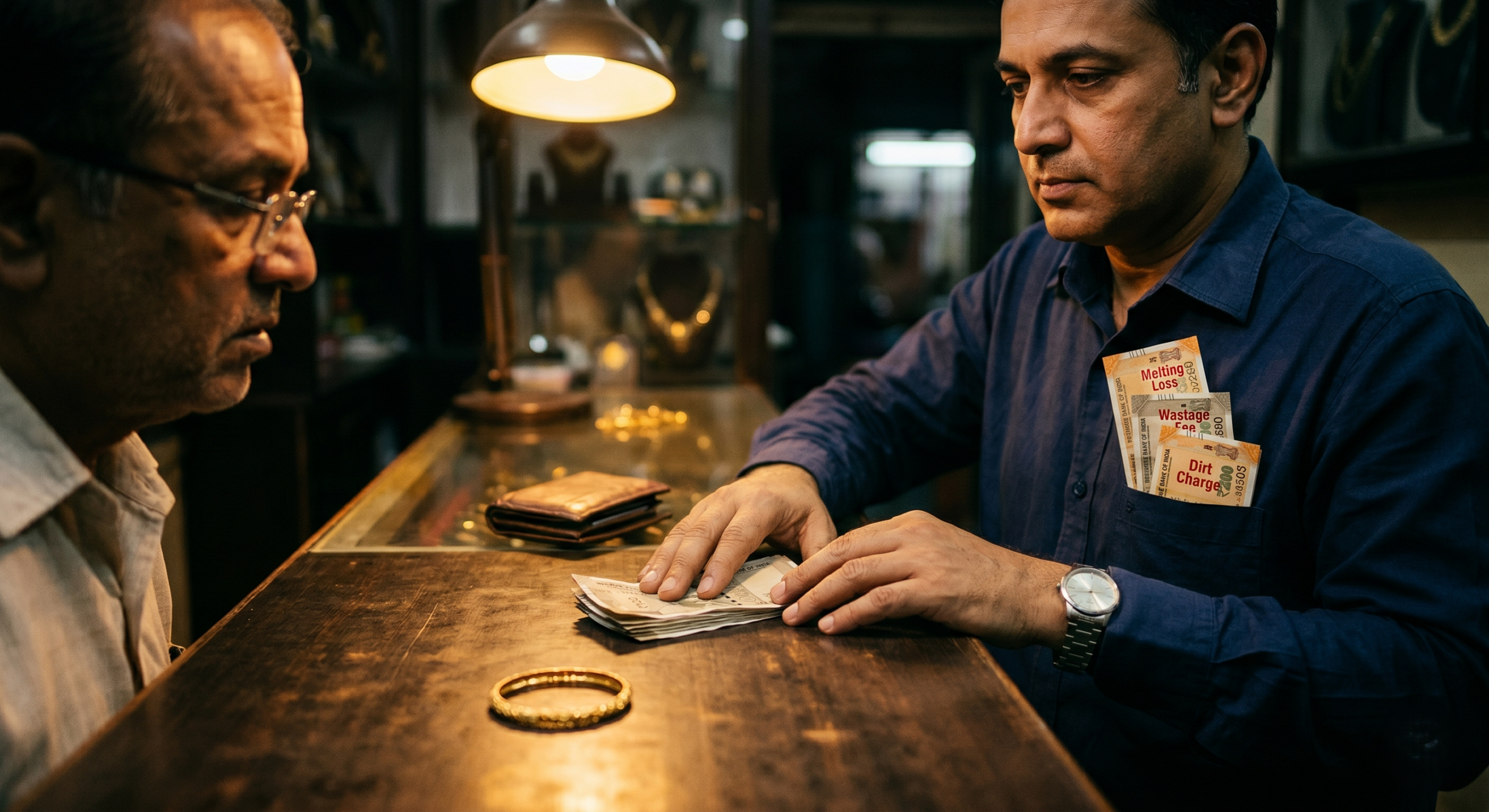 Two men at a gold buying counter during a transaction with undisclosed deductions being applied