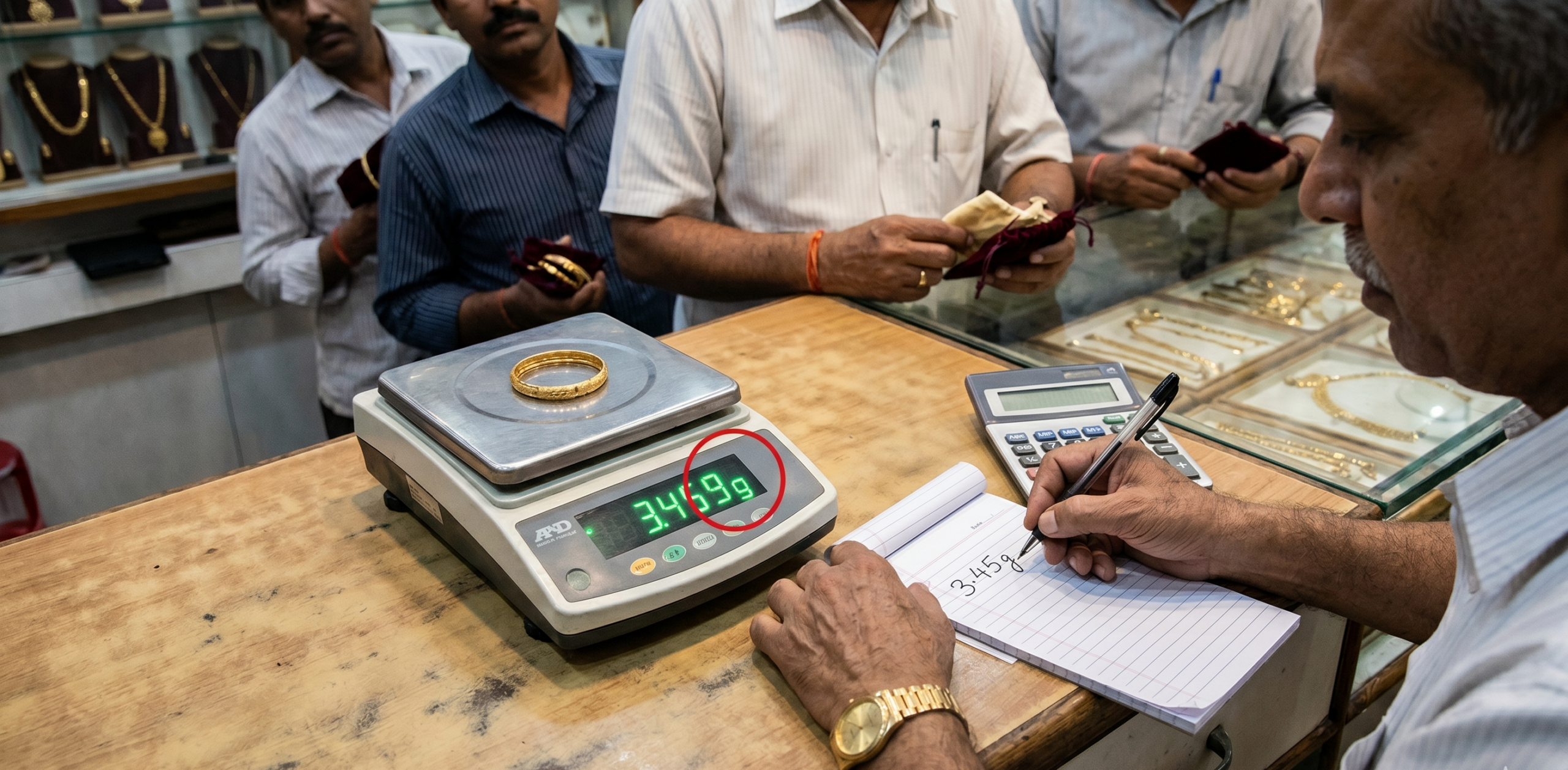 Jewellery weighing scale at a gold buying counter showing how weight rounding causes seller losses
