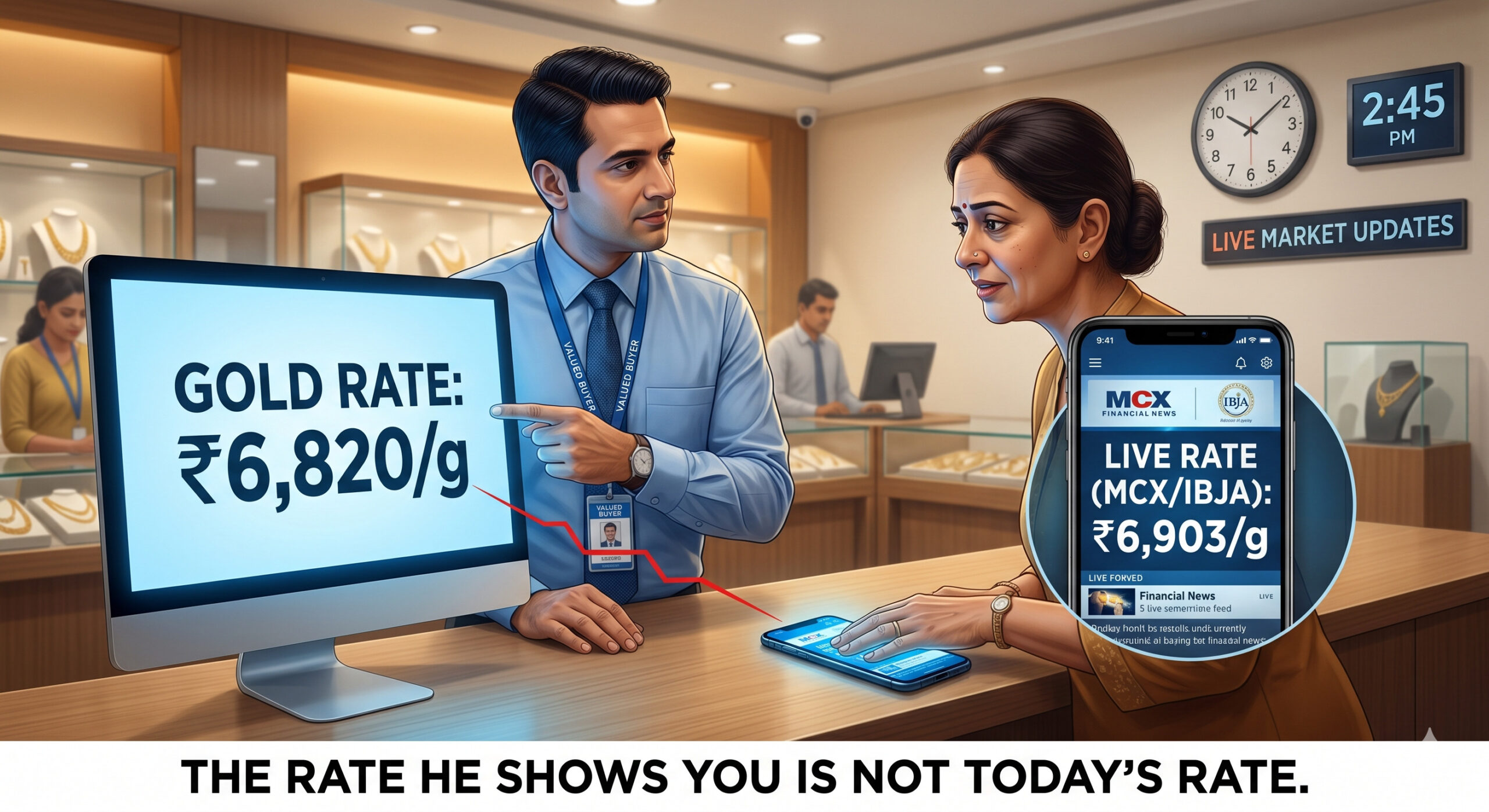 Gold buyer displaying stale rate of 6820 per gram while live market rate shows 6903 per gram