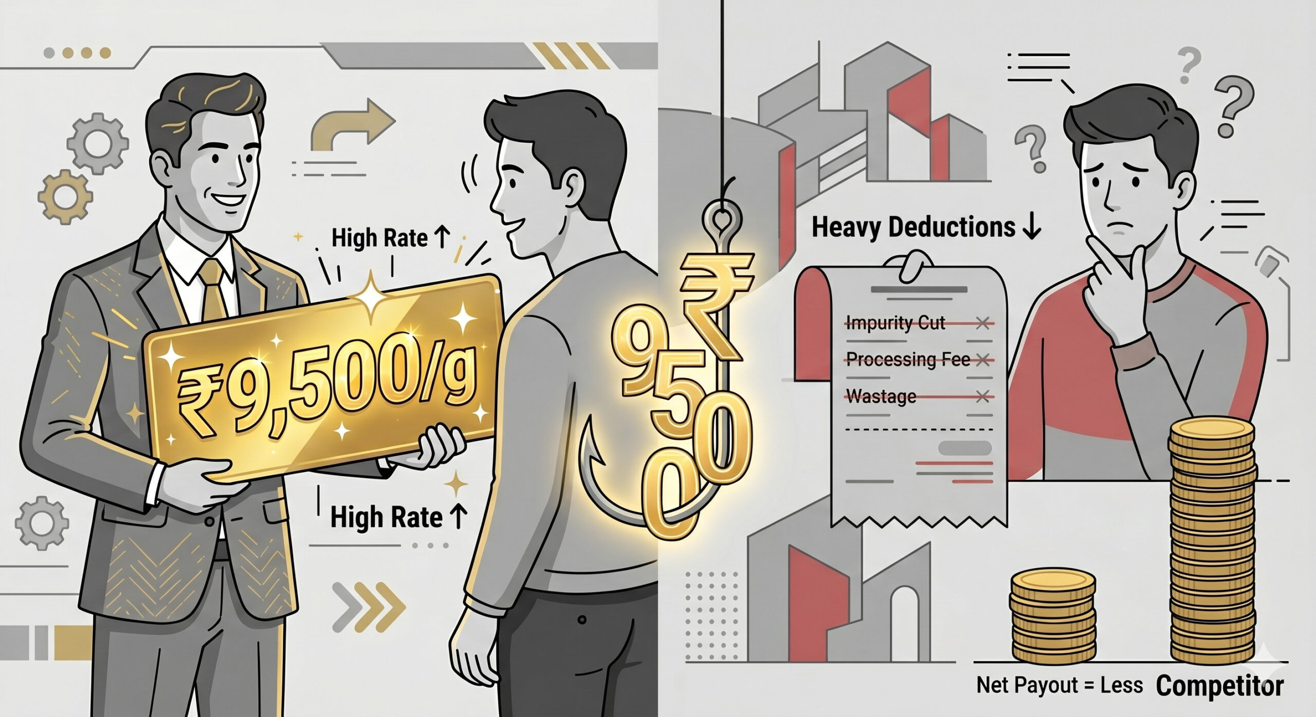 Infographic showing anchor strategy gold scam where high quoted rate is recovered through inflated deductions