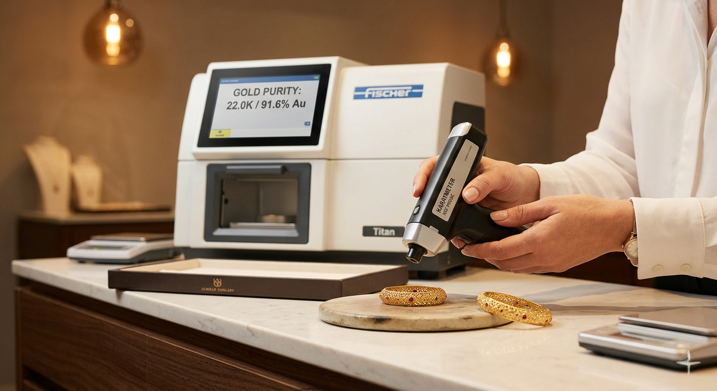 XRF machine displaying gold purity reading during professional jewellery evaluation