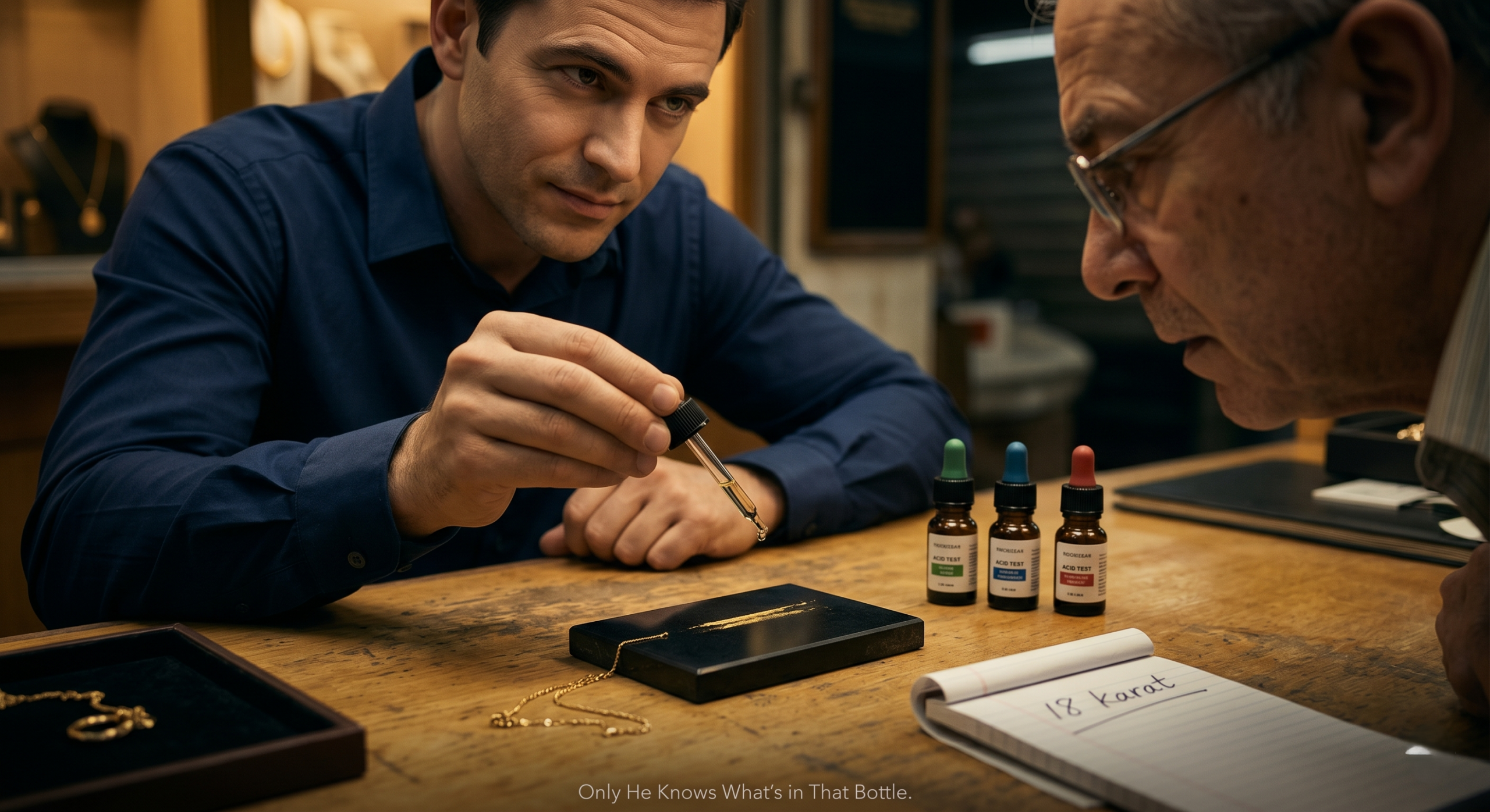 Gold purity acid test being performed by a buyer with no machine record visible to the seller