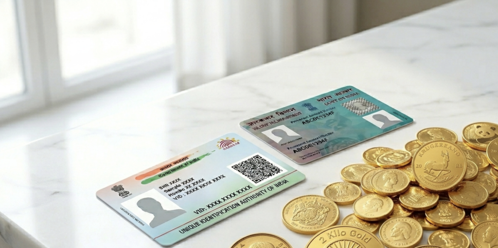 Aadhaar card and PAN card placed beside gold coins showing KYC documents needed to sell gold without a bill