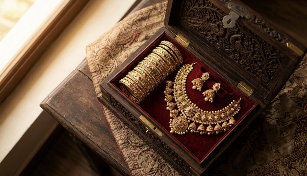 Inherited gold bangles and necklace in a wooden jewellery box commonly sold without an original bill