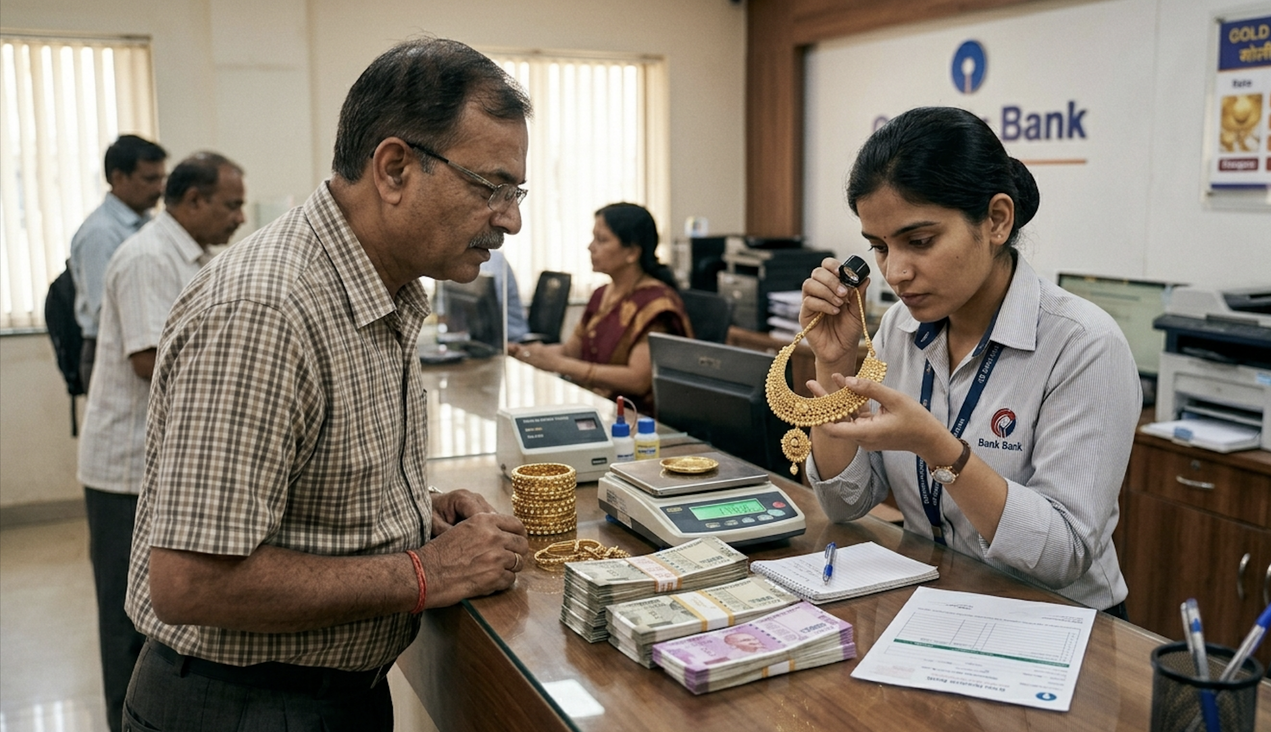 Customer pledging gold jewellery at a bank counter to get a gold loan