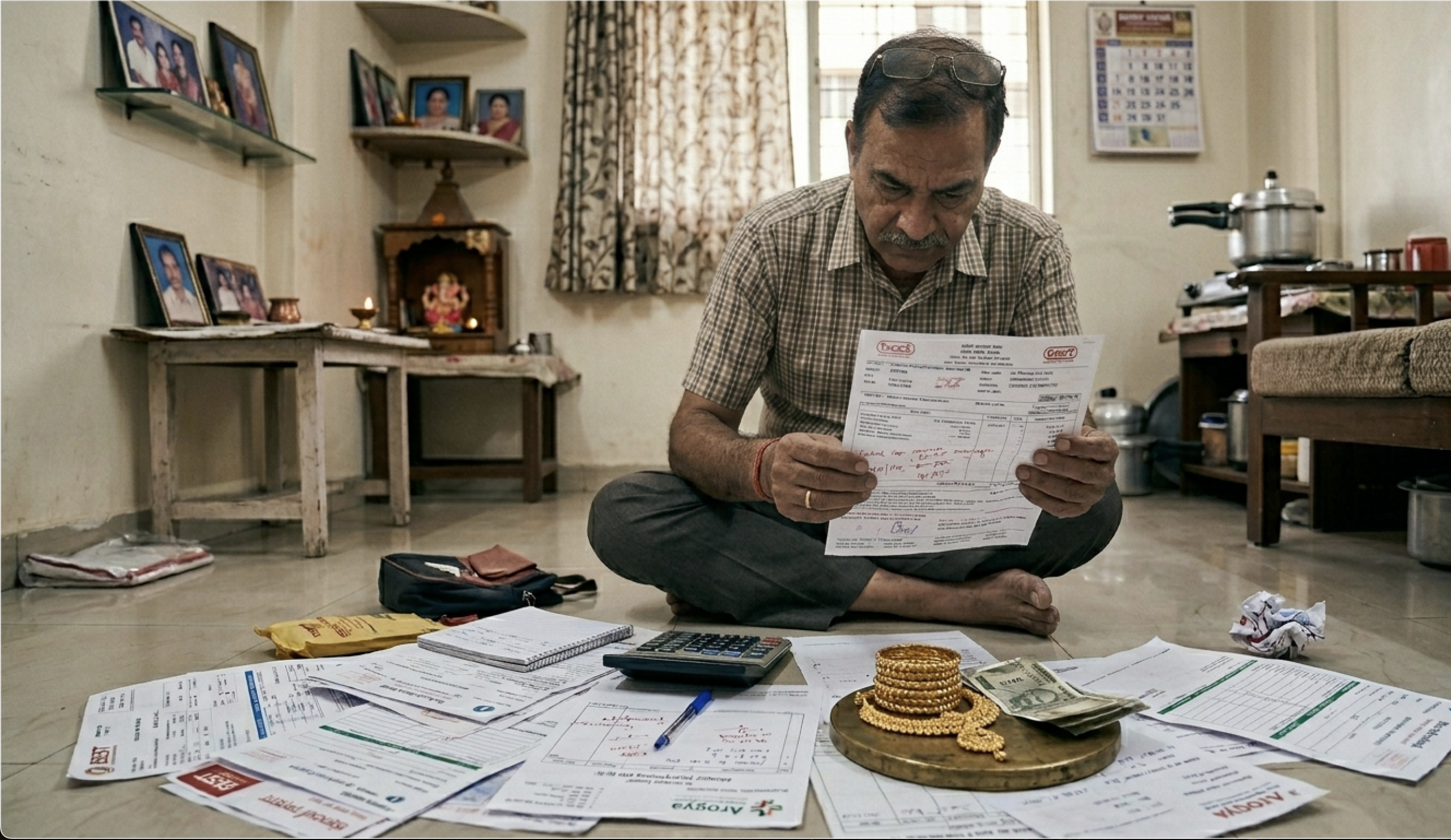 Man reading gold loan repayment documents at home with concern