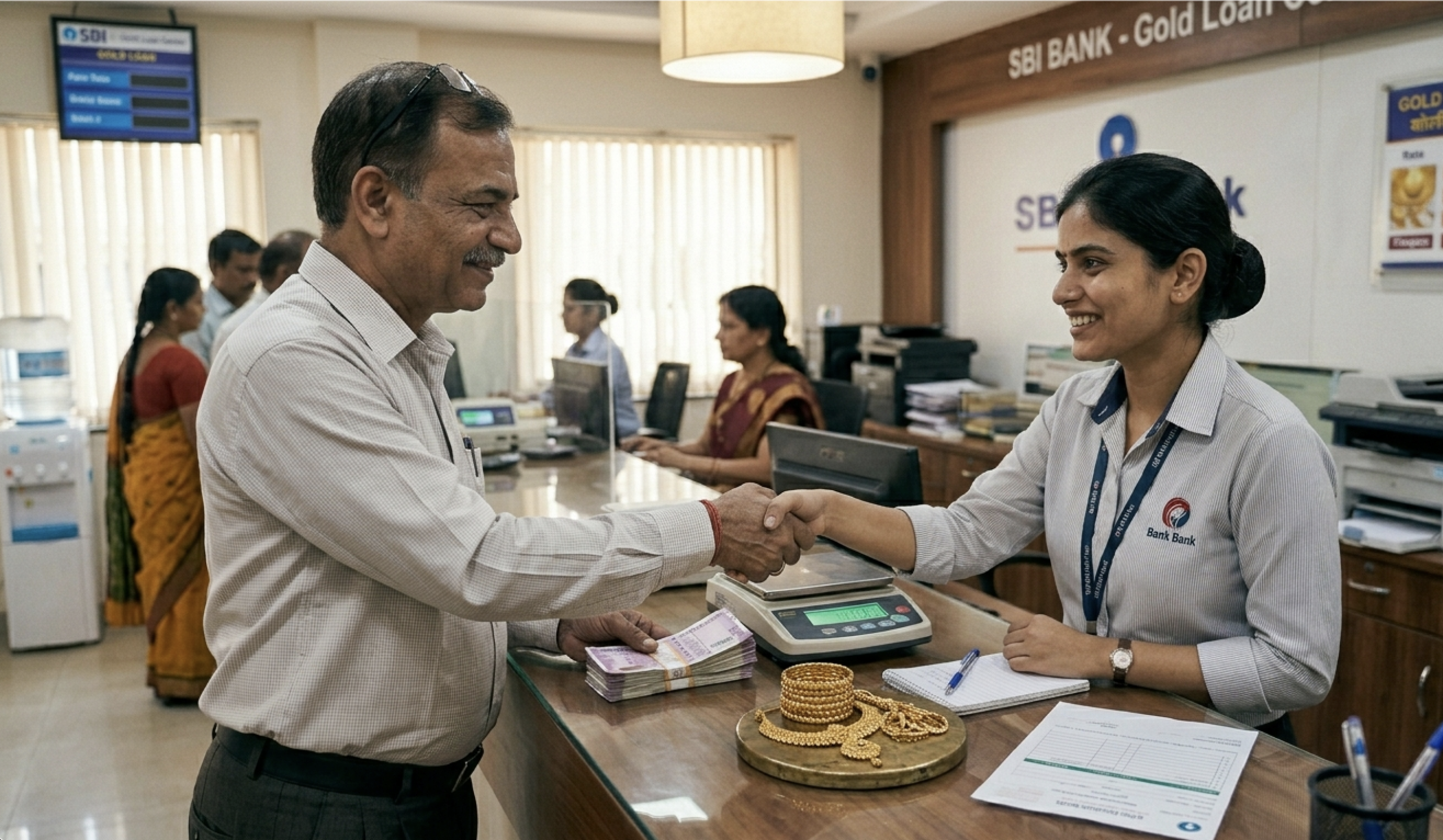 Customer shaking hands with bank officer after approving a short-term gold loan