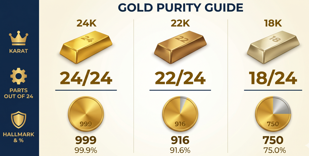 Infographic comparing gold purity levels for 24K 22K and 18K with hallmark numbers 999 916 and 750