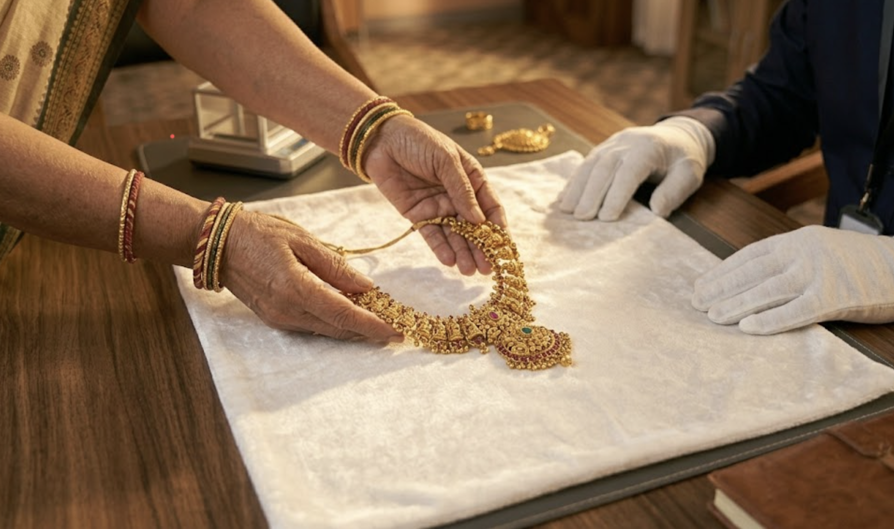 Inherited gold jewellery being evaluated during doorstep gold selling