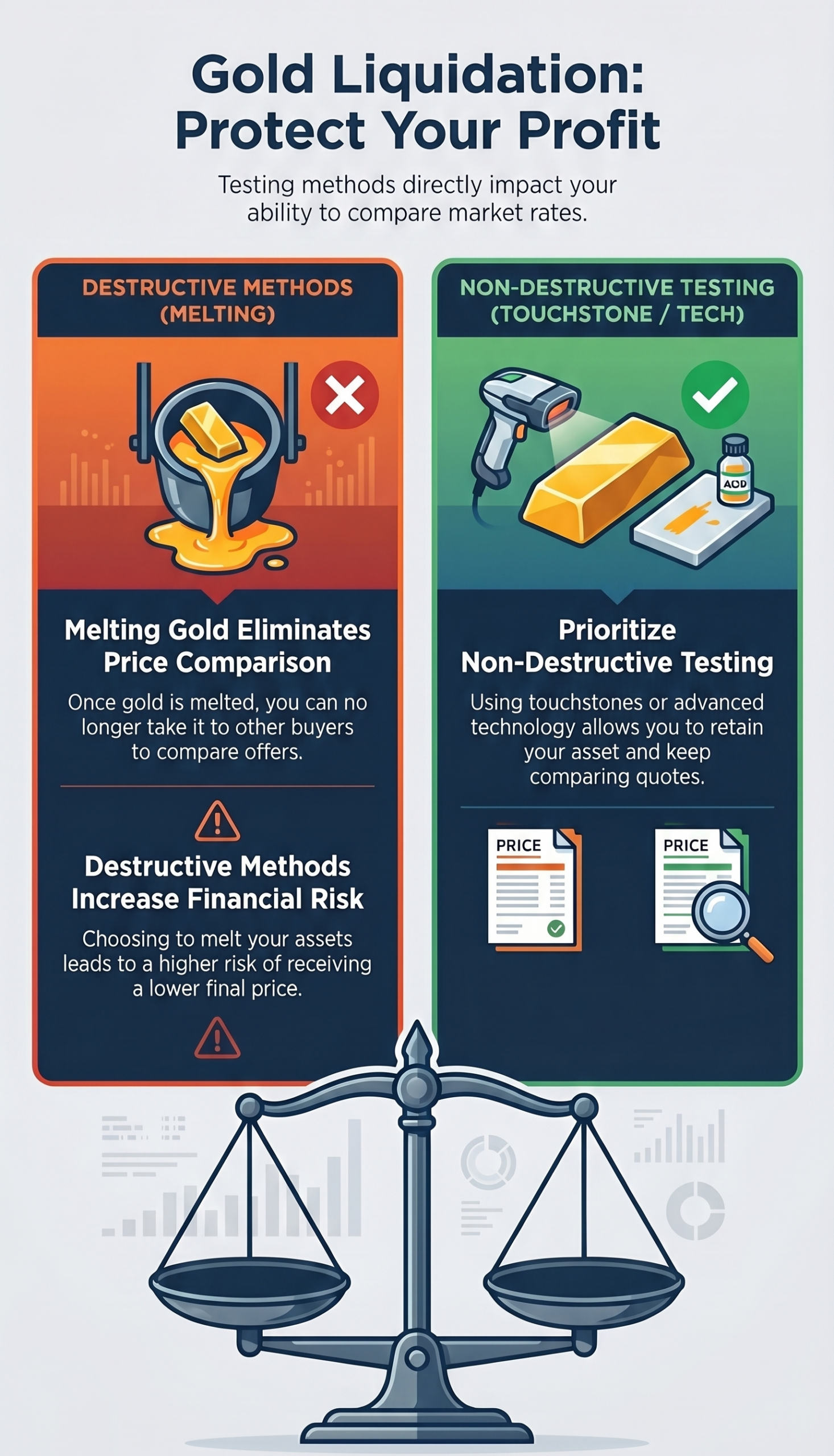 Infographic comparing melting gold destructive testing versus touchstone non-destructive testing